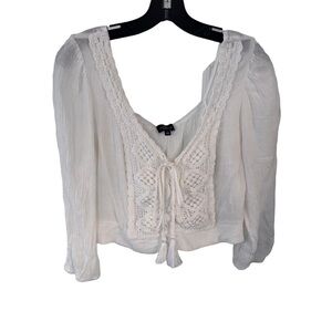 Milk & Honey White puff sleeve Crochet Lace Up Top Blouse size Large